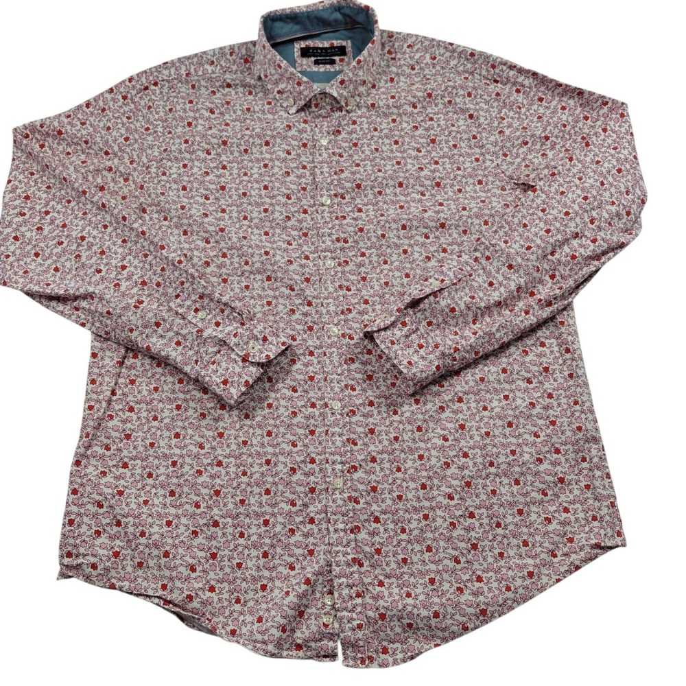 Zara Man Slim Fit Floral Tulip Print Button Down Shirt Red Pink Mens XL